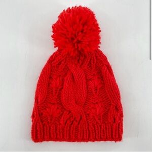 Aerie Beanie Red Cable Knit Pom Pom One Size